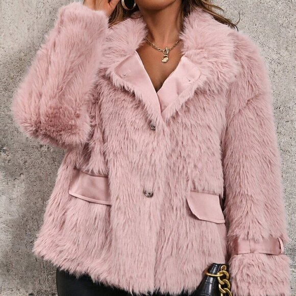 Coral Pink Women's Solid Open Front Fuzzy Coat - Picture 4 of 6